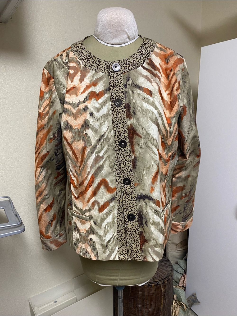 Chico's 3 (XL) Brown and Rust Animal-Print Button Jacket